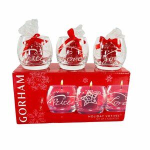 Gorham Crystal Holiday Votives Set of 3 Assorted Peace Love Joy NIB with Candles